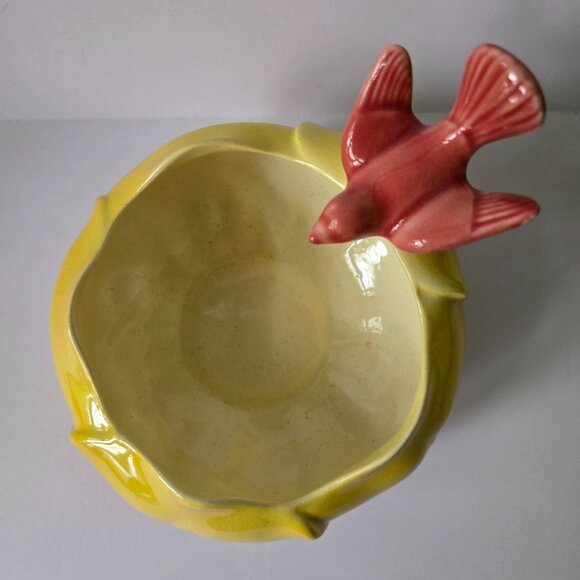 Vintage Royal Copley Yellow & Pink Ceramic Planter Bowl With Bird Accent - Picture 13 of 16